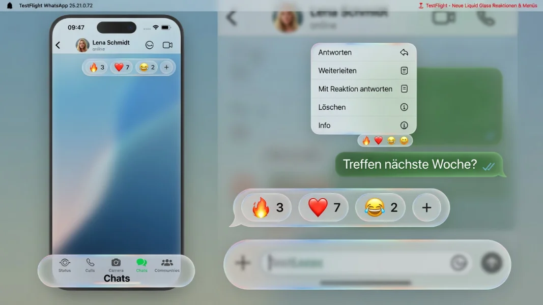 WhatsApp testet Liquid Glass-Updates für Reaktionen und Kontextmenüs