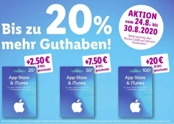 Bonusguthaben für iTunes-Karten: Bis zu 20 Prozent extra bei LIDL, 15 Prozent bei Marktkauf (Update: auch bei Edeka)