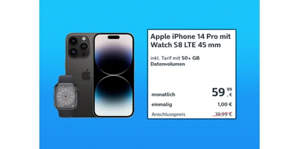 iPhone 14 Pro + Apple Watch 8 einmalig nur 1 € im starken Tarif von o2