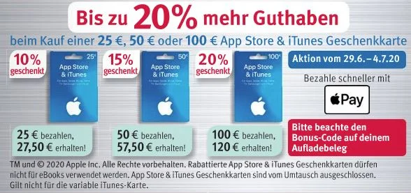 Bonusguthaben für iTunes-Karten: Bis zu 20 Prozent extra bei Rossmann & LIDL