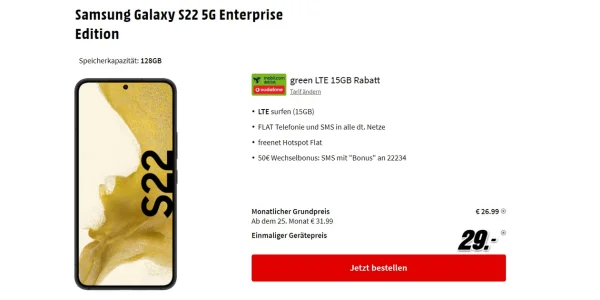 Preishammer: 15 GB (Vodafone) effektiv kostenlos - Samsung Galaxy S22 für einmalig 29 €