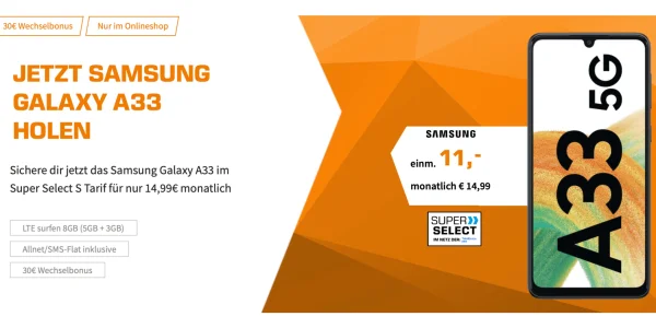 Samsung Galaxy A33 einmalig 11 € + 8 GB Daten für effektiv 4,59 € monatlich