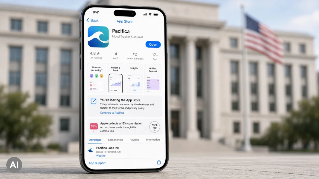 iPhone zeigt App Store mit externem Link und 15-%-Gebühr vor US-Gerichtshaus