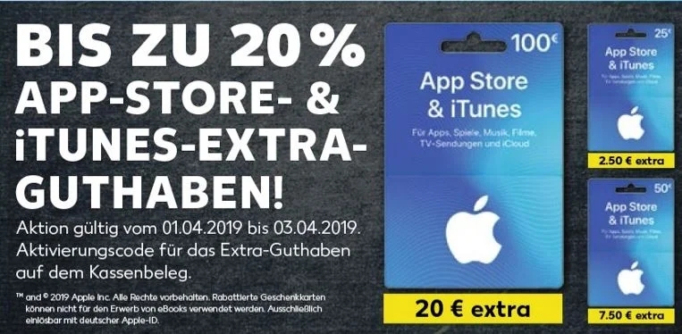 Bis zu 20 Prozent Bonusguthaben für iTunes-Karten bei Rewe & Kaufland