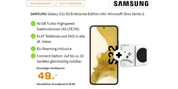 Xbox geschenkt: Samsung Galaxy S22 einmalig 49 Euro, 40 GB im o2-Netz für effektiv 0,74 €