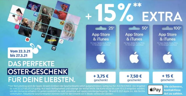 Bonusguthaben für iTunes-Karten: 15 Prozent extra bei ALDI Süd