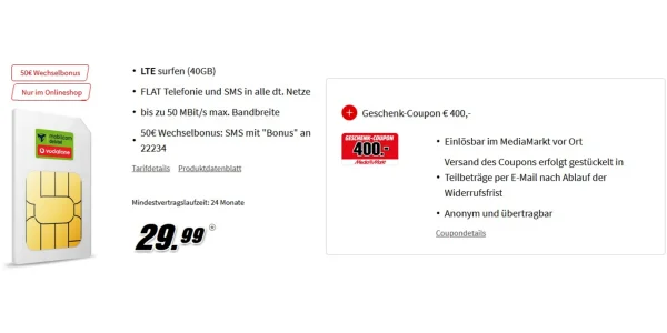 40 GB im Netz von Vodafone für effektiv 12,91 Euro (400 Euro MediaMarkt Gutschein)