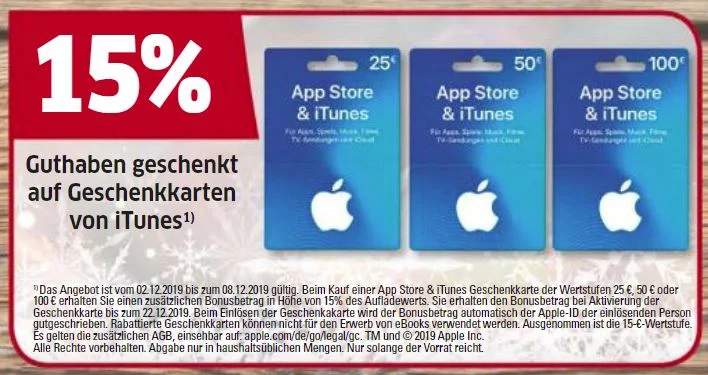Bonusguthaben für iTunes-Karten: 15 Prozent extra bei Marktkauf, Penny, Edeka & Apple (Update)