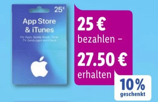 Bonusguthaben für iTunes-Karten: Bis zu 20 Prozent extra bei LIDL & Rewe