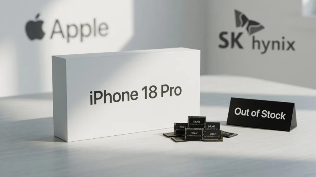 iPhone 18 Pro-Box neben DRAM-Chips und Ausverkauft-Schild zeigt Lieferengpass.