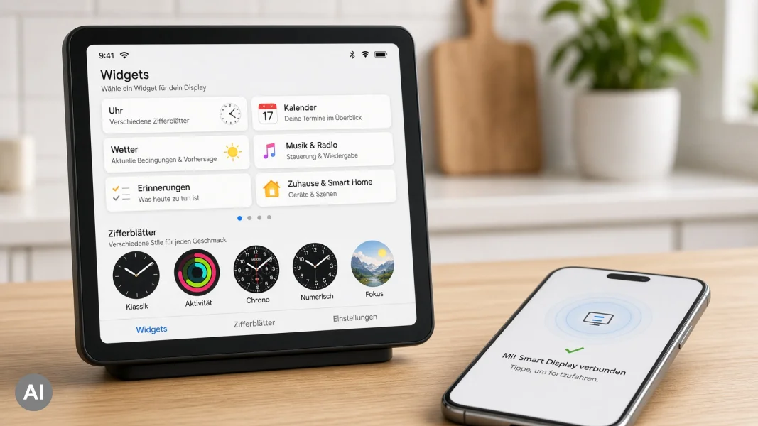 Quadratischer Apple Home Hub mit deutschem Widget-Interface auf Regal neben einem iPhone