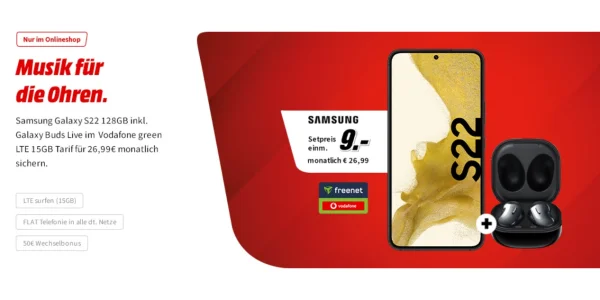 Samsung Galaxy S22 inklusive Galaxy Buds Live und 15 GB Allnet-Flat nur 26,99 € monatlich
