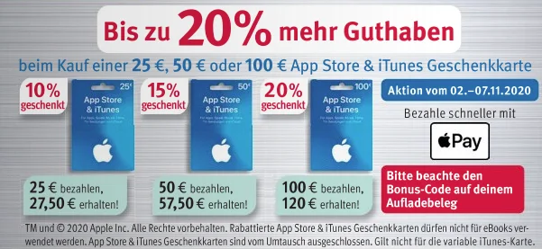 Bonusguthaben für iTunes-Karten: Bis zu 20% extra bei Mediamarkt & Rossmann (Update: 15% bei Netto)