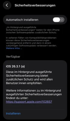 Sicherheitsverbesserung verfügbar: Apple veröffentlicht iOS 26.3.1 (a) und iPadOS 26.3.1 (a)