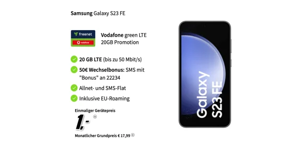 Samsung Galaxy S23 FE + Allnet-Flat von Vodafone mit 20 GB Daten für effektiv -2,55 €