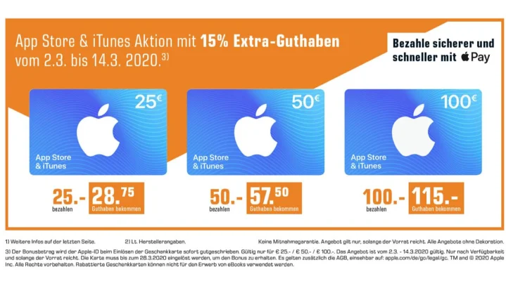 iTunes-Karten - Diese Woche gibt mit 15% Bonus-Guthaben bei REWE und Saturn