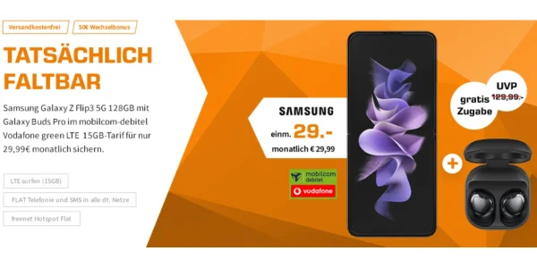 Samsung Galaxy Z Flip 3 inklusive Galaxy Buds Pro und 15 GB Allnet-Flat für nur 29,99 Euro monatlich