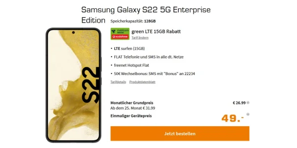 Tiefpreis: Samsung Galaxy S22 einmalig 49 €, 15 GB Allnet-Flat effektiv fast geschenkt