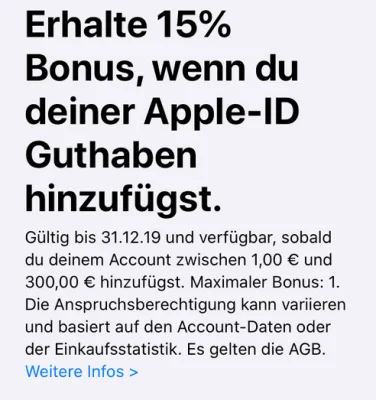 Bonusguthaben für iTunes-Karten: 15 Prozent extra bei Apple