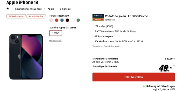 iPhone 13 mit 30 GB LTE Daten (Vodafone) nur 39,99 € mtl.