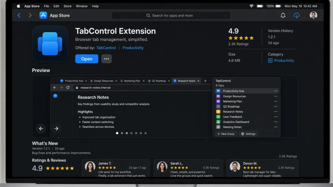 Mac-App-Store-Seite der TabControl Extension mit gefälschten 4,9-Sterne-Bewertungen im Screenshot.