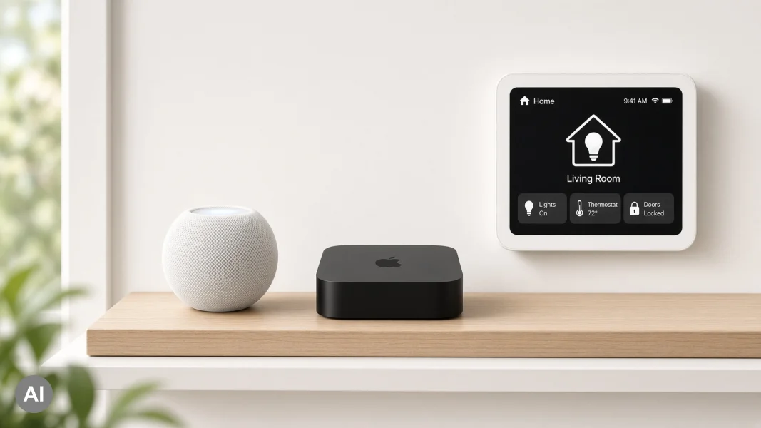 Neue Apple-Home-Geräte wie HomePod mini, Apple TV 4K und ein Display-Hub auf einer Regalplatte in einem hellen Wohnzimmer.