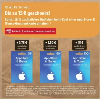Bonusguthaben für iTunes-Karten: Bis zum Wochenende 15 Prozent extra bei Rewe (Update: auch bei Amazon)