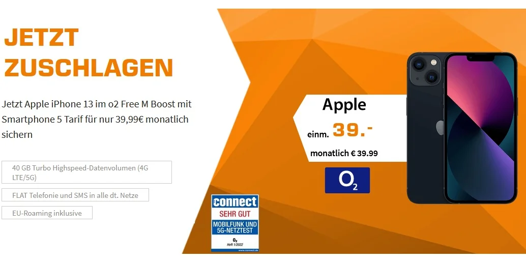 iPhone 13 nur 39 € inkl. 40 GB Daten und 5G für effektiv 6,24 € monatlich