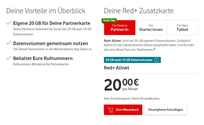 Partnerkarte über Vodafone Red+ jetzt mit 20 statt 10 GB Datenvolumen
