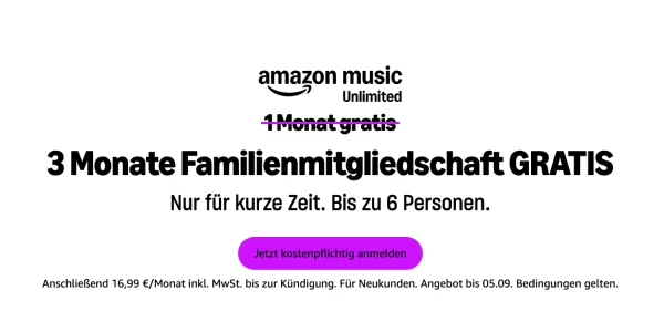 Amazon Music Unlimited: Drei Monate Familienmitgliedschaft inkl. Audible für Neukunden kostenlos!