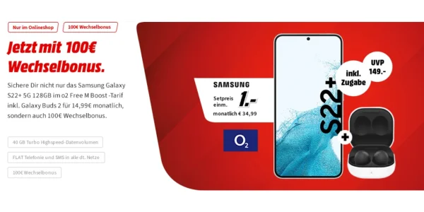 Samsung Galaxy S22+ inkl. Galaxy Buds2 nur 1 €: 40 GB Daten mit Allnet-Flat dank Wechselbonus effektiv umsonst