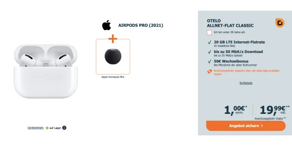 AirPods Pro + HomePod mini + 20 GB Allnet-Flat für effektiv 5,45 € monatlich