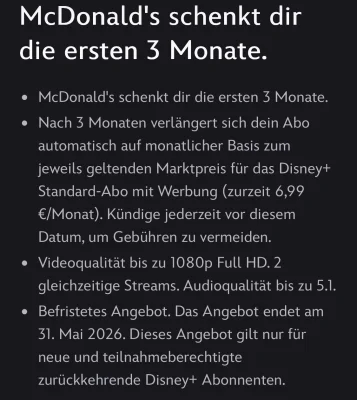 Disney+ gibt es über die App von McDonald’s drei Monate kostenlos