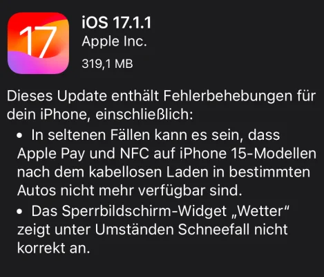 iOS 17.1.1 & iPadOS 17.1.1: Apple behebt zwei kleine Fehler