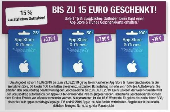 Bonusguthaben für iTunes-Karten: 15 Prozent extra bei Marktkauf, Edeka & Trinkgut